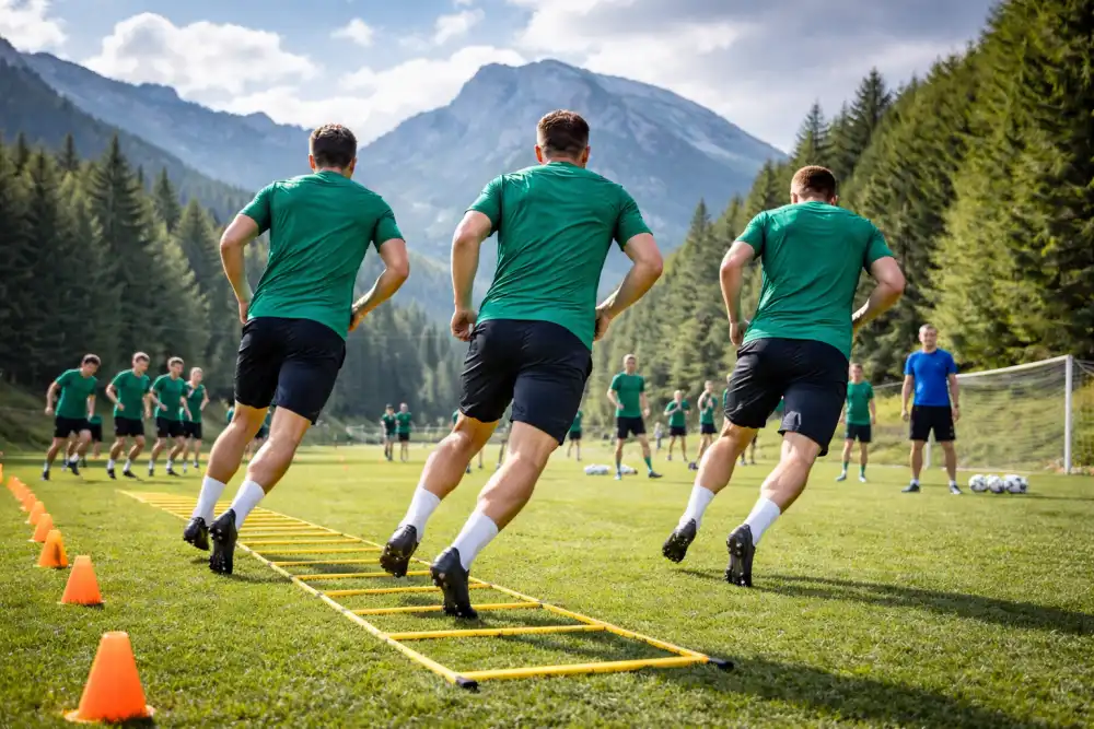 Allenamento di calcio tra le montagne