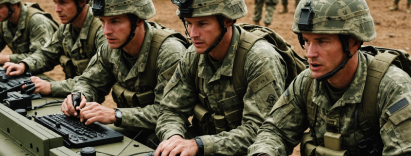 A military communication unit in action, showcasing soldiers using communication equipment in a training environment.