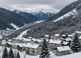 A snowy landscape in Abetone, Italy, showcasing a winter wonderland with trees and houses covered in snow.