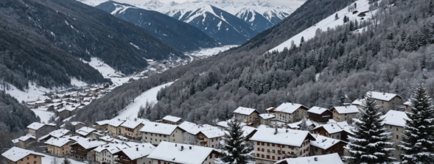 A snowy landscape in Abetone, Italy, showcasing a winter wonderland with trees and houses covered in snow.
