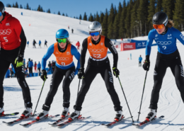 Ski athletes preparing for a competition, focusing on determination and readiness.