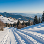 Tuscany snowy landscape with snowshoes, winter hiking trails