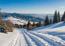Tuscany snowy landscape with snowshoes, winter hiking trails