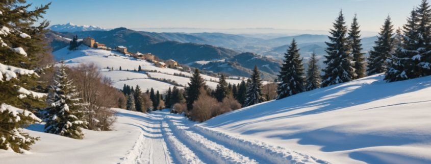 Tuscany snowy landscape with snowshoes, winter hiking trails