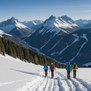 snowshoeing in Val Sestaione, winter landscape, mountains, hiking group