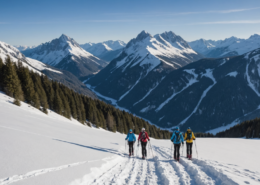 snowshoeing in Val Sestaione, winter landscape, mountains, hiking group