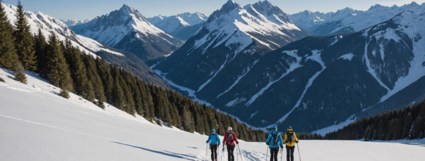 snowshoeing in Val Sestaione, winter landscape, mountains, hiking group