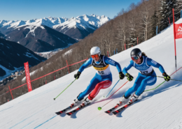 A winter sports scene featuring ski racers competing in giant slalom at Abetone, Italy.