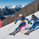A winter sports scene featuring ski racers competing in giant slalom at Abetone, Italy.