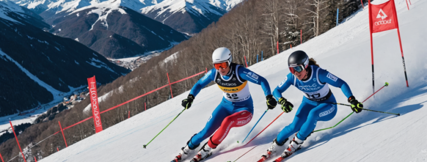 A winter sports scene featuring ski racers competing in giant slalom at Abetone, Italy.