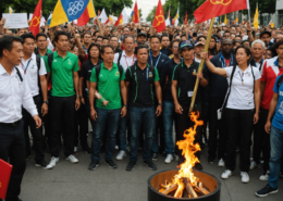 A vibrant protest with music surrounding the Olympic flame, emphasizing cultural and social themes