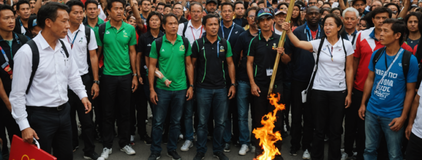A vibrant protest with music surrounding the Olympic flame, emphasizing cultural and social themes