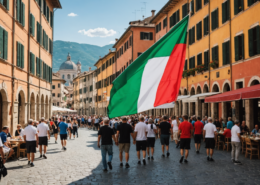 A flag waving in the wind at a sports event, symbolizing unity and community spirit in a picturesque Italian town.