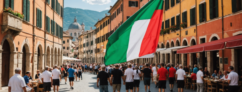 A flag waving in the wind at a sports event, symbolizing unity and community spirit in a picturesque Italian town.