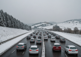 Snow in Tuscany, cars in traffic on a highway, winter season