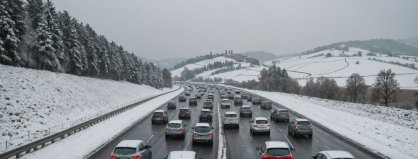 Snow in Tuscany, cars in traffic on a highway, winter season