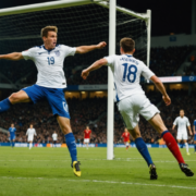 A soccer scene with a player hitting the post during a match, capturing the intensity and emotion of the game.