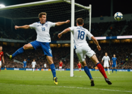 A soccer scene with a player hitting the post during a match, capturing the intensity and emotion of the game.