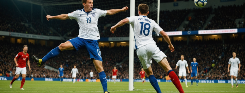 A soccer scene with a player hitting the post during a match, capturing the intensity and emotion of the game.