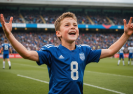 A young football player celebrating his debut on the field, showcasing emotions of joy and determination.