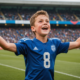 A young football player celebrating his debut on the field, showcasing emotions of joy and determination.