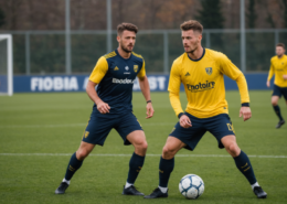 A football player in a team jersey training on the field, representing the Modena FC, with a focus on determination and