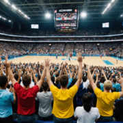 A vibrant crowd cheering in a sports arena, focusing on unity and support for a volleyball team, illustrating the excite