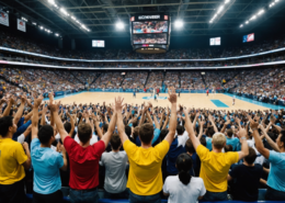 A vibrant crowd cheering in a sports arena, focusing on unity and support for a volleyball team, illustrating the excite