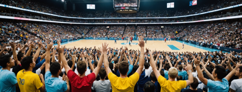 A vibrant crowd cheering in a sports arena, focusing on unity and support for a volleyball team, illustrating the excite