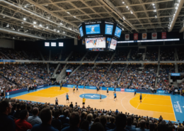 A lively indoor sports arena filled with enthusiastic fans, showcasing the energy of a volleyball game.