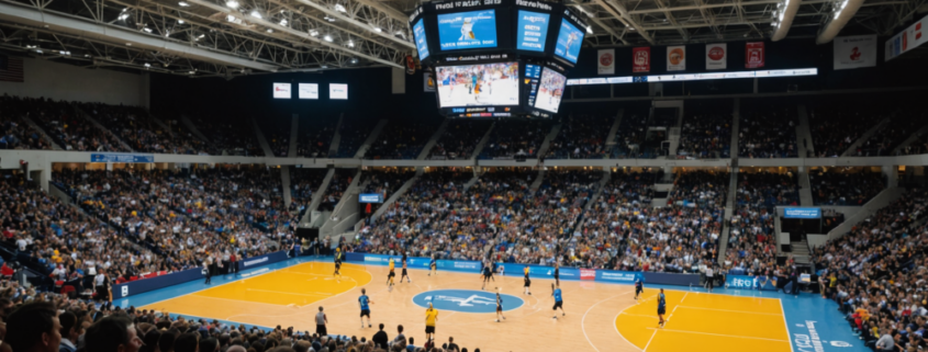 A lively indoor sports arena filled with enthusiastic fans, showcasing the energy of a volleyball game.