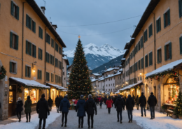 Christmas in Pian degli Ontani, Italy, showcasing festive decorations, snow-covered landscapes, and families enjoying ho