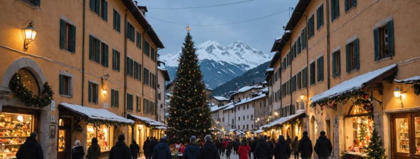 Christmas in Pian degli Ontani, Italy, showcasing festive decorations, snow-covered landscapes, and families enjoying ho