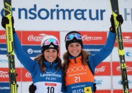 Elena Loliva celebrating her first FIS podium in skiing, winter sports, athletic achievement