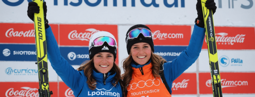 Elena Loliva celebrating her first FIS podium in skiing, winter sports, athletic achievement