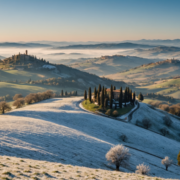 A cold winter morning in Tuscany, showing snow and icy conditions
