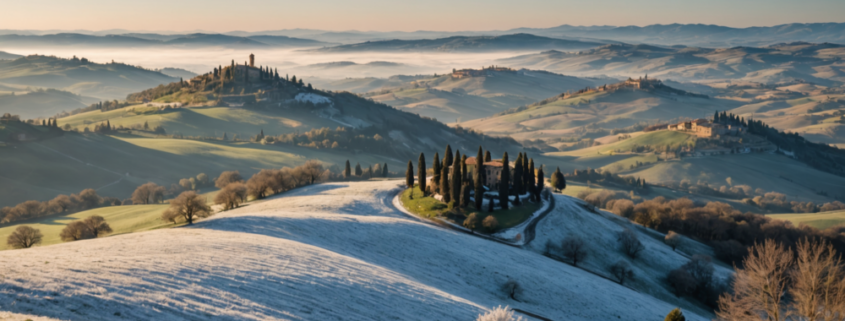 A cold winter morning in Tuscany, showing snow and icy conditions