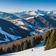 A scenic view of winter sports in the Apennines, Tuscany, with snow-covered mountains and ski resorts.