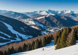 A scenic view of winter sports in the Apennines, Tuscany, with snow-covered mountains and ski resorts.