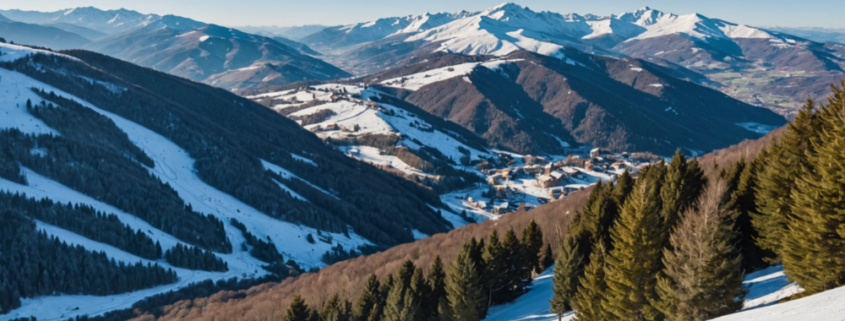 A scenic view of winter sports in the Apennines, Tuscany, with snow-covered mountains and ski resorts.