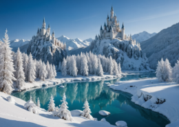 A breathtaking winter landscape with snow-covered trees and enchanting scenery, depicting a magical ice kingdom without