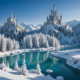 A breathtaking winter landscape with snow-covered trees and enchanting scenery, depicting a magical ice kingdom without