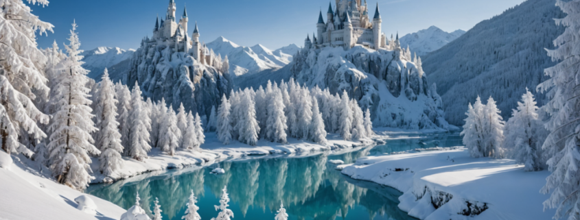 A breathtaking winter landscape with snow-covered trees and enchanting scenery, depicting a magical ice kingdom without