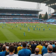 A vibrant football match scene, featuring teams in action on the pitch, fans cheering in the stands, with a focus on the