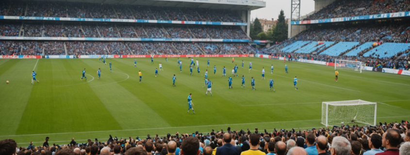 A vibrant football match scene, featuring teams in action on the pitch, fans cheering in the stands, with a focus on the