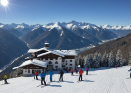 Winter ski resort in Abetone with skiers and beautiful snow-covered mountains