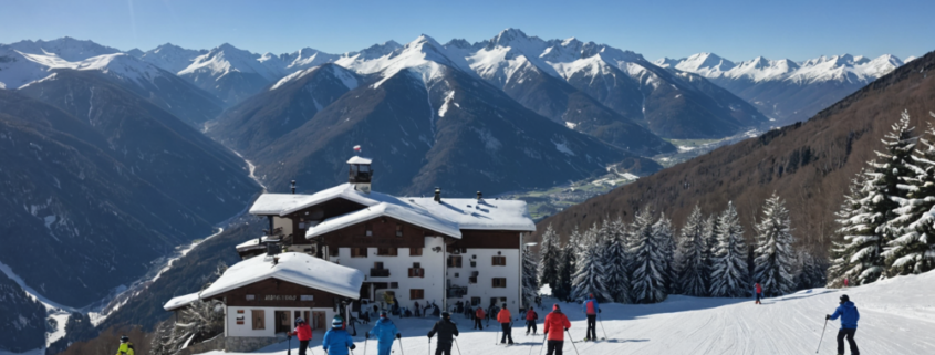 Winter ski resort in Abetone with skiers and beautiful snow-covered mountains