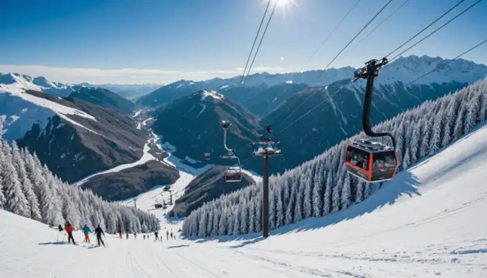 snowy landscape with ski lifts and people skiing at Abetone