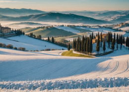 A winter landscape in Tuscany with snow and cold weather, showcasing the contrast between warm and cold temperatures.