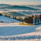 A winter landscape in Tuscany with snow and cold weather, showcasing the contrast between warm and cold temperatures.